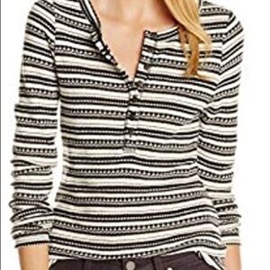 Lucky brand Chloe Henley half button thermal long sleeve black white size large